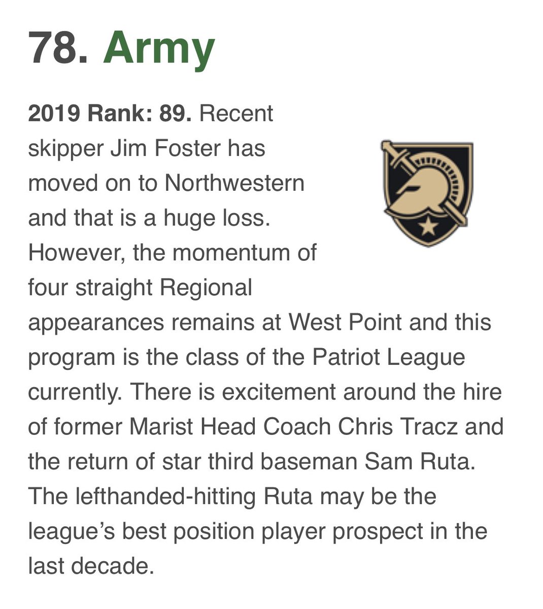 <a href="/ArmyWP_Baseball/">Army Baseball</a> checking back in…. <a href="/d1baseball/">D1Baseball</a> recognizes the program and it’s championship history in this years Top 100 rankings! #ABF