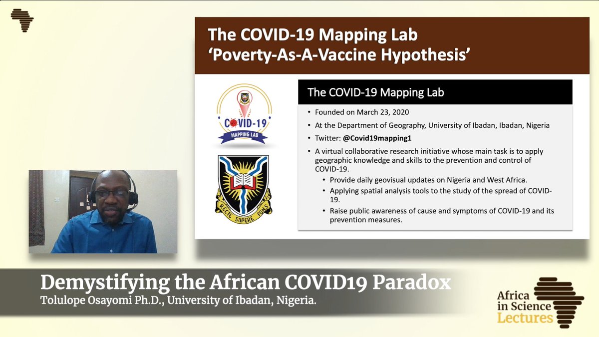 Coming up in AiS Lectures soon…
Tolulope Osayomi, Ph.D. who will talk about debunking the ‘#Poverty-as-a-#Vaccine Hypothesis’ in #Africa.
Dr Osayomi is a Lecturer and founder of the #Covid19 Mapping Lab <a href="/Covid19mapping1/">Covid19mappinglab</a> at the University of Ibadan, #Nigeria. 
#AfricainScience