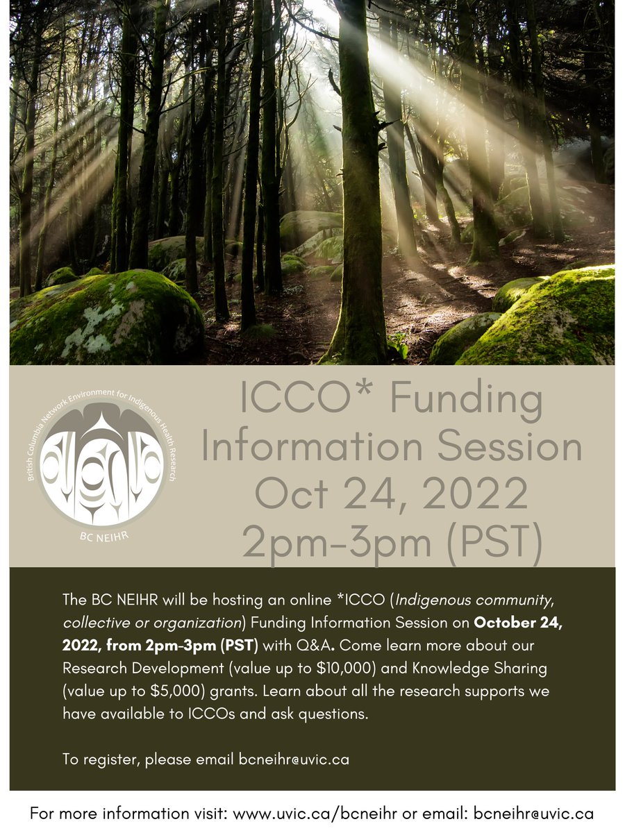 BCNEIHR's tweet photo. Our ICCO funding call opens on October 1, 2022! We have two funding streams available to all ICCOs of BC: 1) Research Development Grant (https://t.co/h5lp7XsnsK) and 2) Knowledge Sharing and Mobilization Grant (https://t.co/561dgTeqdg). Info session Oct. 24, 2-3pm (PST). https://t.co/6oOByBtQev