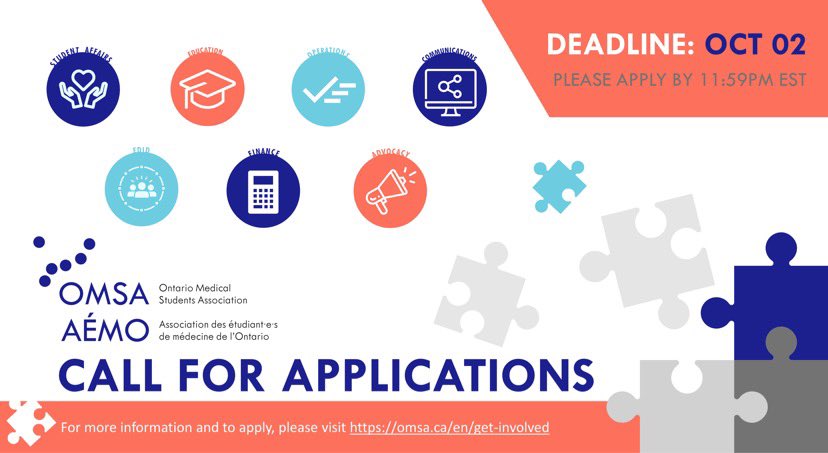 OMSAofficial's tweet photo. COMMITTEE APPLICATION DEADLINE EXTENDED TO OCTOBER 2nd!

Join our team and make a difference in the lives of fellow Ontario med students 💰📢✊📚⚕️🏥

https://t.co/3Wn6nMEyxG

@CFMSFEMC @OntariosDoctors #medtwitter #medstudenttwitter https://t.co/fNQVOnZqJv
