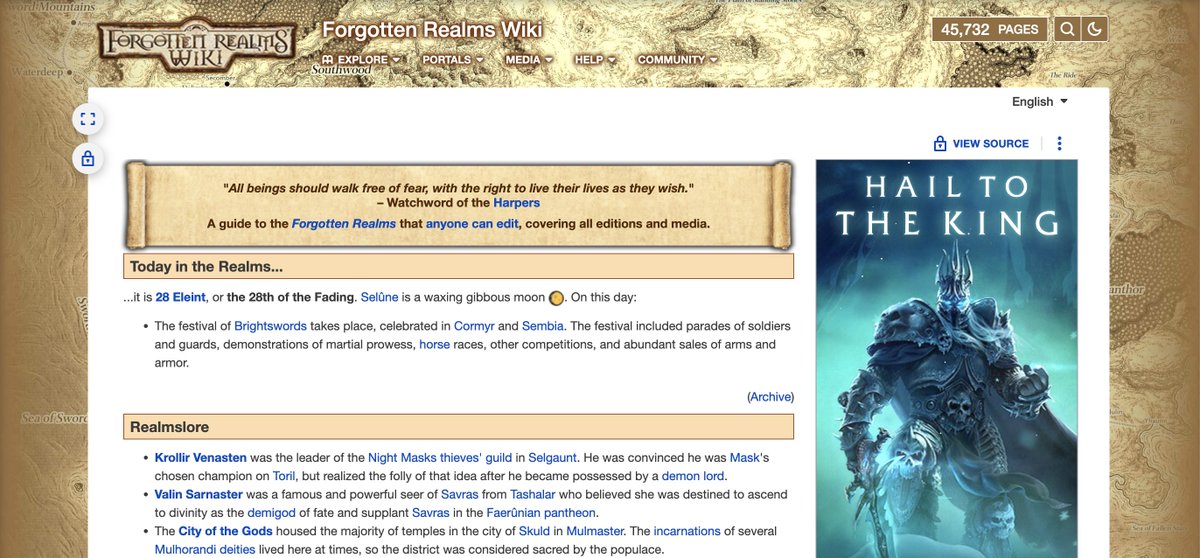 kjshell2's tweet photo. This is the Forgotten Realms Wiki. In D&amp;D, Forgotten Realms is one of the most popular campaign settings. I like visiting this site a lot because I love the lore and how developed it is. Also, there's always something new to discover and use in games. #writ318mu https://t.co/mXNXvCnzpi