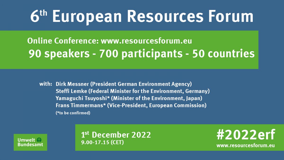 Happy to announce that @EcologicBerlin supports the @GermanEnvAgency (UBA) in the preparation of the 6th European #Resources Forum (#2022erf). The virtual #conference will take place on December 1st, 2022. #science #environment resourcesforum.eu