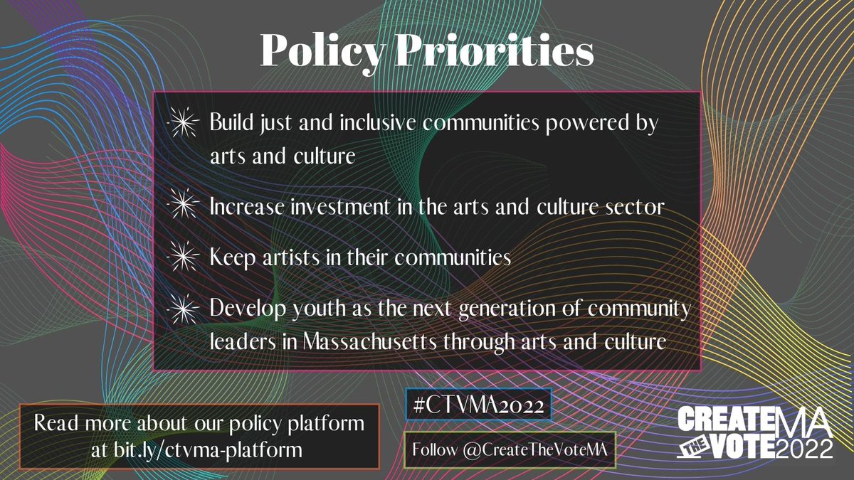 CreateTheVoteMA's tweet photo. What’s in our arts & culture policy platform? #CTVMA2022 asks the Gov & LG to commit to actions for the arts & culture sector that contribute to building inclusive, connected & more equitable communities. Learn more & endorse: https://t.co/zw1ocuPwJk #mapoli #CreateTheVoteMA https://t.co/kqsiwKLvNn