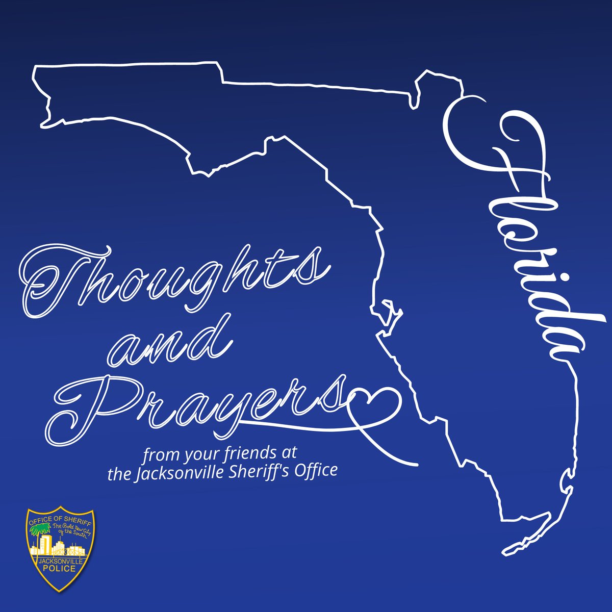 JSOPIO's tweet photo. All of Florida continues to deal with the devastating events brought on by #HurricaneIan.

The members of #JSO want everyone impacted by this storm to know that we are thinking of, and praying for you.

@CityofJax @JaxReady @THEJFRD @NewsfromJEA #Jax https://t.co/jeOWbbhIDY