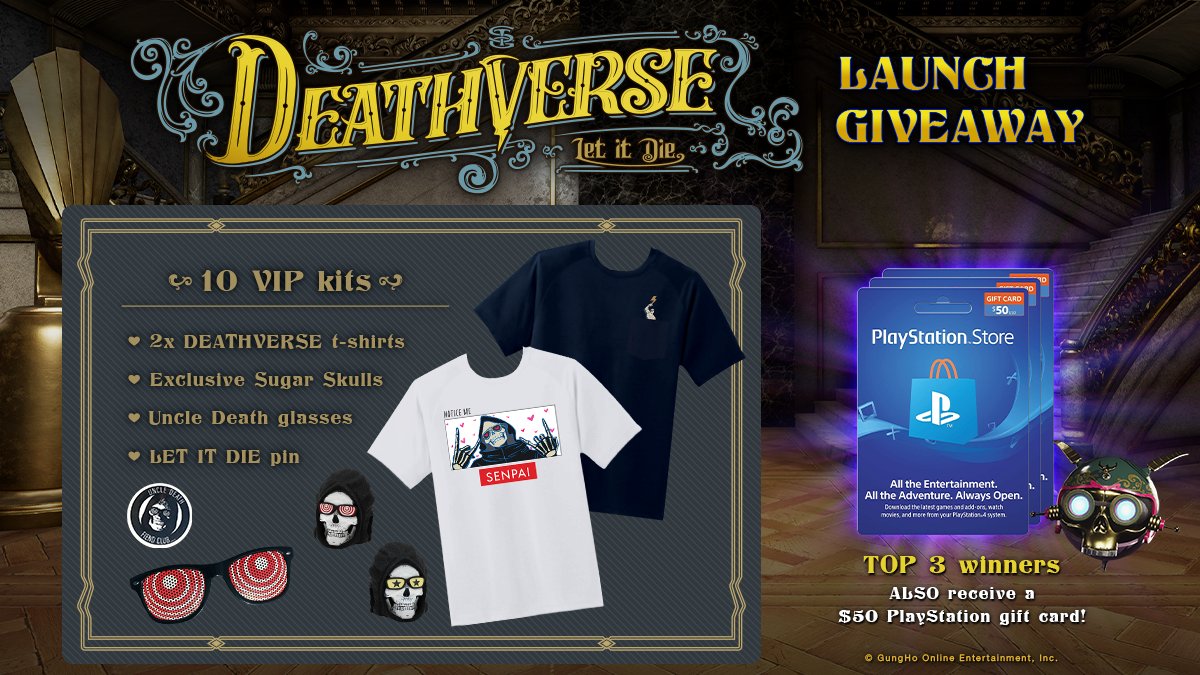 LETITDIETheGame's tweet photo. 🚨#DEATHVERSE LAUNCH GIVEAWAY🚨

https://t.co/J3sGMtyAEr

10 winners will receive a Death Jamboree VIP kit ✨
Top 3 will ALSO win a $50 PlayStation Store gift card! 🤑 https://t.co/4Xn1jpFS1y