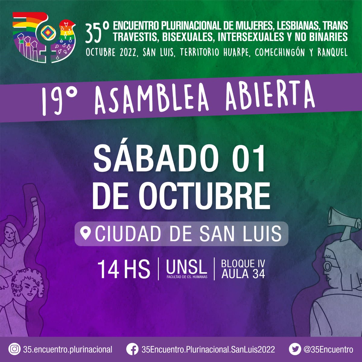 🔥 Se viene la última asamblea previa al #35EncuentroPlurinacional de Mujeres, Lesbianas, Trans, Travestis, Intersexuales, Bisexuales y No Binaries.

Si vivís en San Luis, sumate a  la 19° Asamblea para seguir organizando encuentro.

#TerritorioHuarpeComechingonRanquel