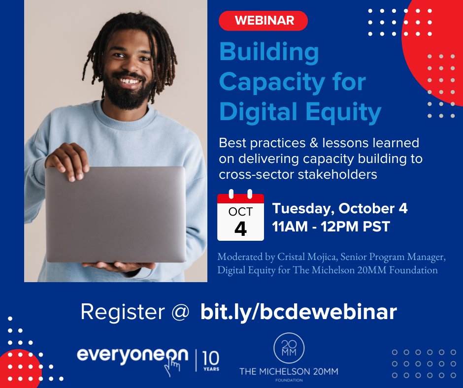 Everyone On (@everyoneon) on Twitter photo Join us and <a href="/Michelson20MM/">Michelson 20MM Foundation</a> during #NationalDigitalInclusionWeek for a webinar on best practices & lessons learned for building capacity at your organization to advance #DigitalEquity.
🗓 Oct. 4 @ 11AM PT
Register and learn more @ bit.ly/bcdewebinar #DIW2022 Join us and <a href="/Michelson20MM/">Michelson 20MM Foundation</a> during #NationalDigitalInclusionWeek for a webinar on best practices & lessons learned for building capacity at your organization to advance #DigitalEquity.
🗓 Oct. 4 @ 11AM PT
Register and learn more @ bit.ly/bcdewebinar #DIW2022