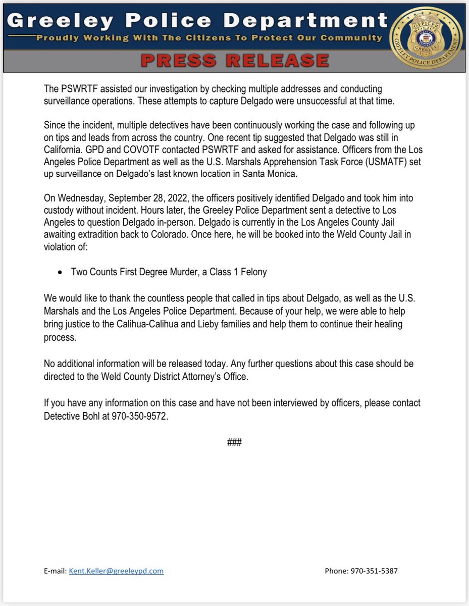 GreeleyPolice's tweet photo. ๐ฐ PRESS RELEASE ๐ฐ
Please see the attached release reference the arrest of a double homicide suspect.
Thanks to our partners at @USMarshalsHQ and @LAPDCARRANZA for your help!
#proudlyworkingwiththecitizensgpd #pressrelease #newsrelease #CommunityPolicingWorks #GreeleyPD https://t.co/ZxXAs62s5q