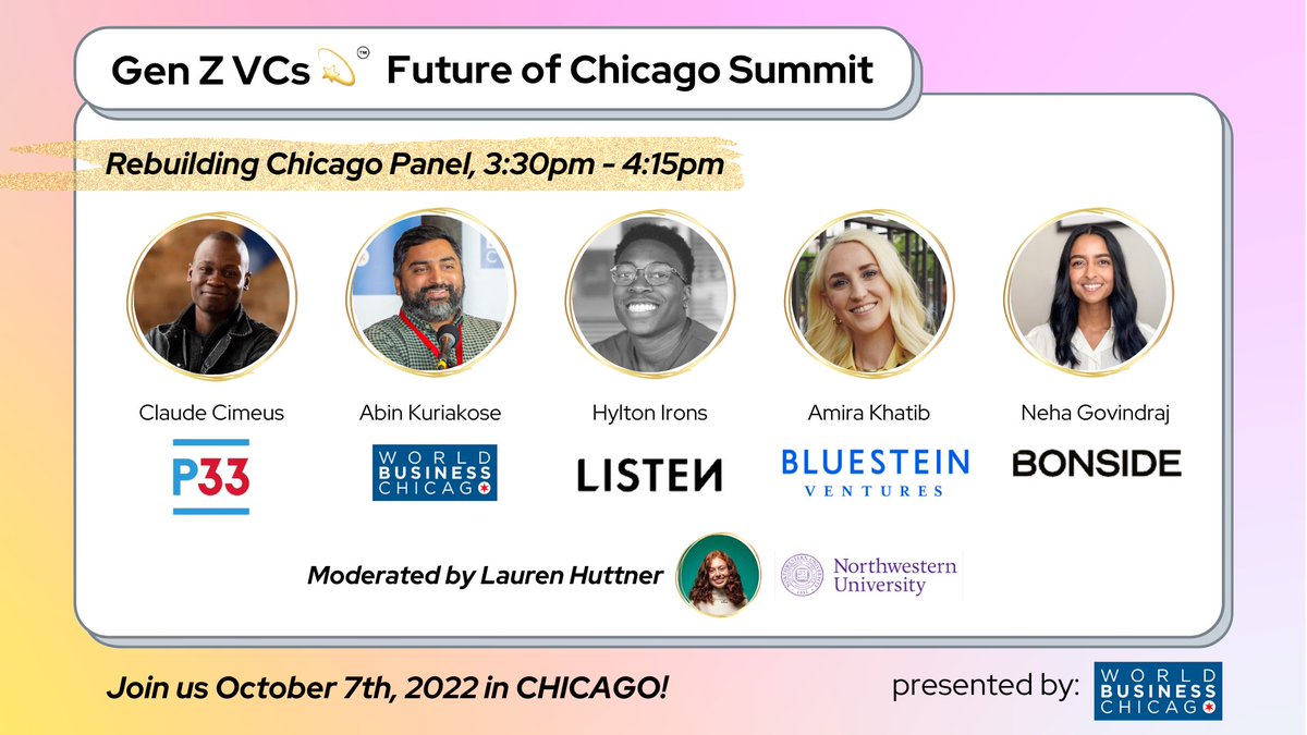 landon20s's tweet photo. Introducing the last panel (but not the last surprise 😉) at the Gen Z VC Future-of-Chicago panel 💫 

The Rebuilding Chicago panel ft @ClaudeCimeus @KuriakoseAbin @hylton_irons @amirakkhatib @nehagov 

See you next week https://t.co/q3CIdwhyYF

Cc @meaganloyst @HaleyKwaitZollo https://t.co/VAOBr6yn88