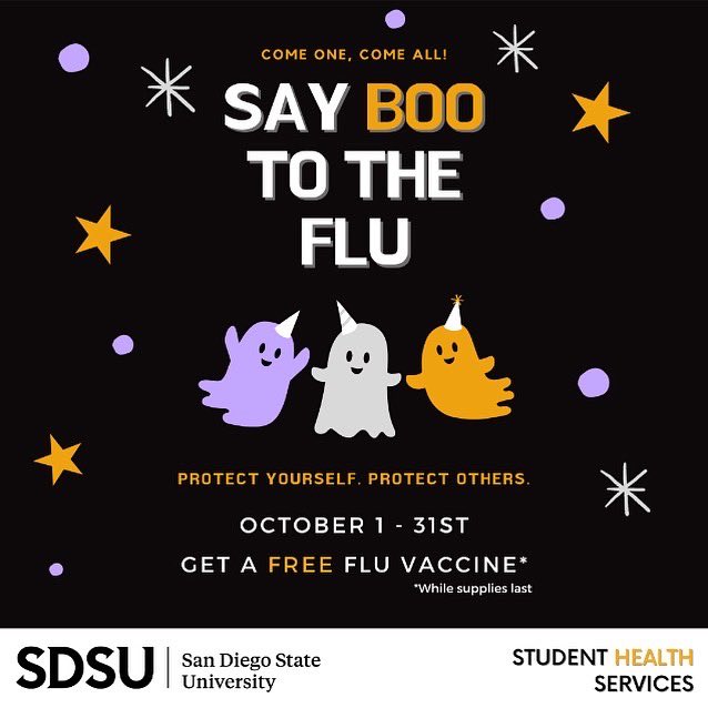 SDSU_SHS's tweet photo. We begin our Boo the Flu campaign Monday! 

Flu shots are free to all eligible students the month of October. 

Online scheduling is now available or stop by and see us at Calpulli for a walk-in flu shot! 

#bootheflu https://t.co/qWggQO50bX