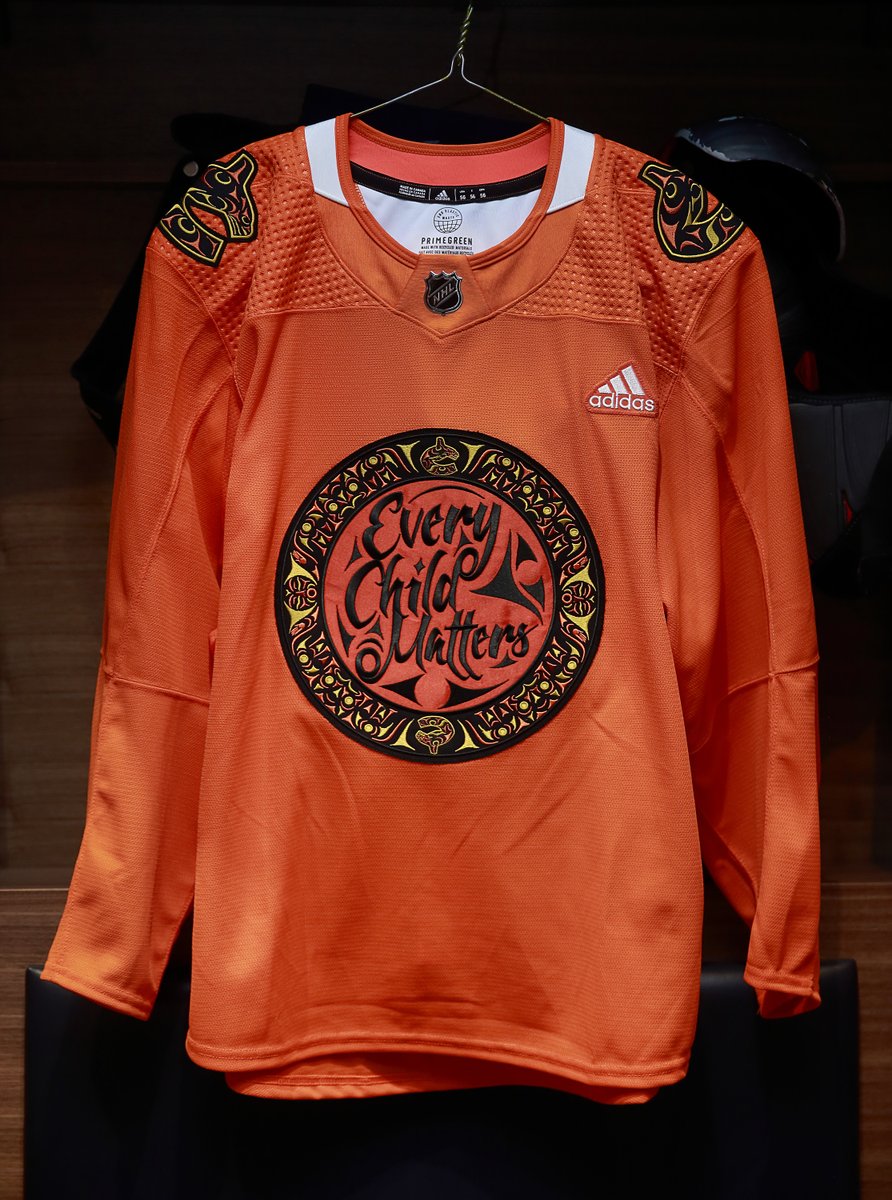 Canucks's tweet photo. The Canucks partnered with Musqueam artist Chase Gray for the team’s 2022 design honouring National Day for Truth and Reconciliation.
The design raises awareness of the principle that “Every Child Matters”. https://t.co/MB9IPmIQCP