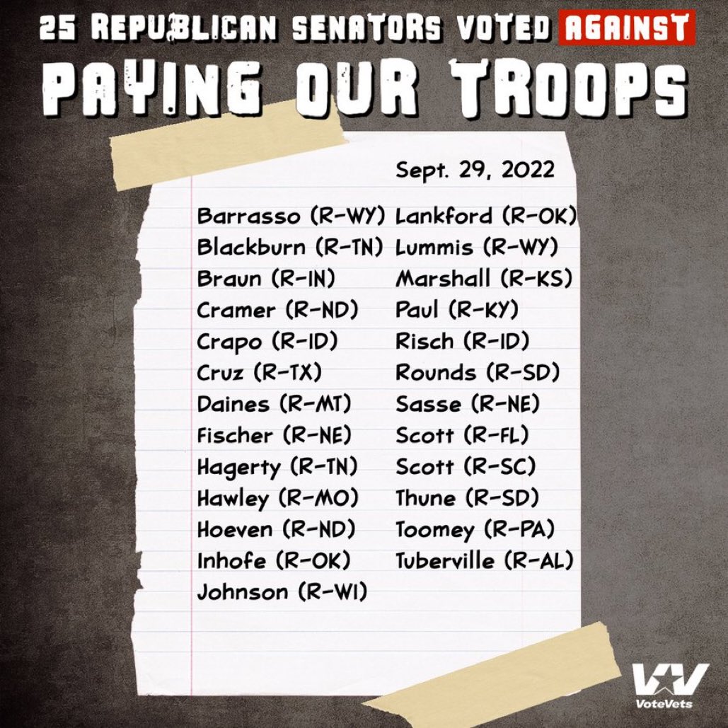 NickKnudsenUS's tweet image. 25 Republican Senators just voted against paying our troops‼️
Here’s the list. Hold them accountable.