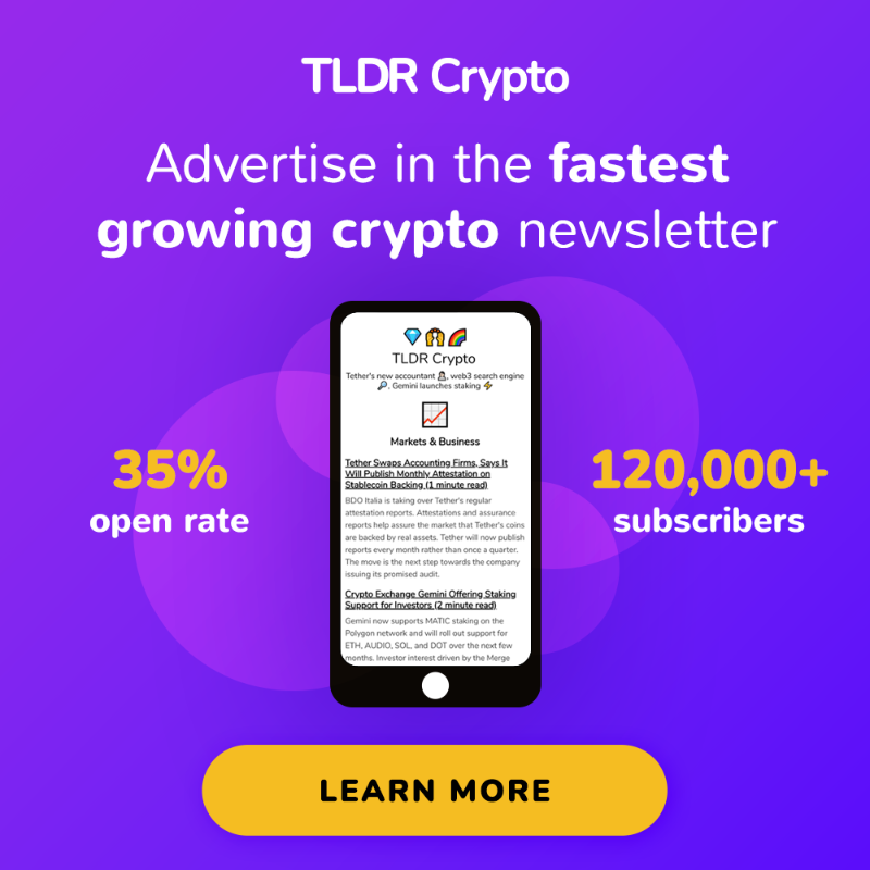 tldrnewsletter's tweet photo. Advertise in TLDR Crypto to reach 120k+ crypto investors and developers.

Ideal for marketing protocols, exchanges, NFTs, investments, and more.