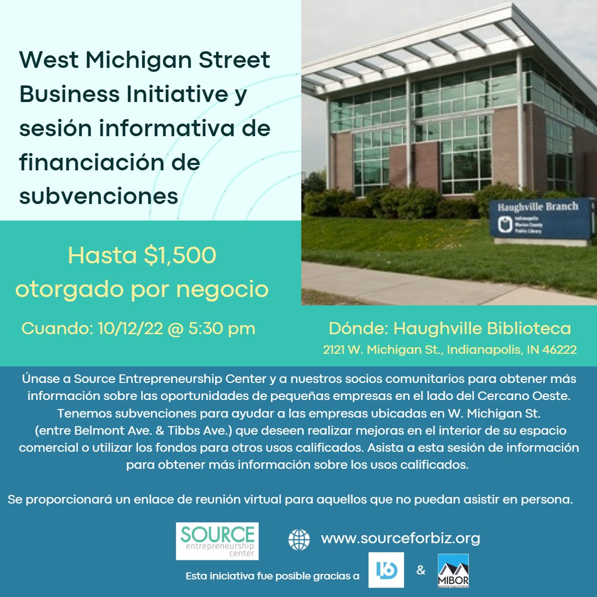 SourceForBiz's tweet photo. If you are a West Michigan Street business owner, join us on October 12th at 5:30 pm at the Haughville Library to learn about grant funding that is available for qualified uses.

This effort would not be possible without support from @16Techinnovate &amp; @MIBORBoard. https://t.co/lenLqbri7N