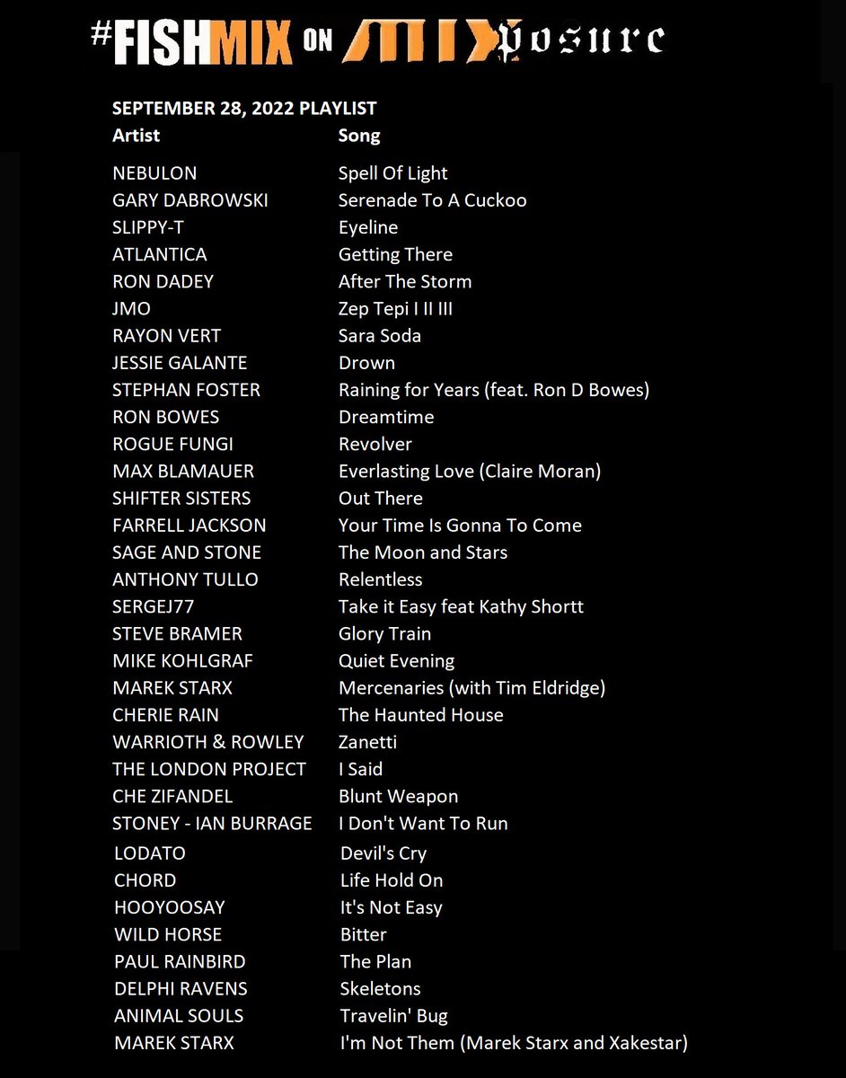 animalsoulsmus1's tweet photo. Thanks to all who tuned in to the weekly #FishMix on #mixstreamradio at https://t.co/jio9pK4kgk .. last night's track list... #internetradio #indieradio #indie
@RonDadey @JessieGalante @RonBowes3 @marekstarx @WarriothR @wildhorserockuk @DelphiRavens & more! https://t.co/lEuQmqlYie