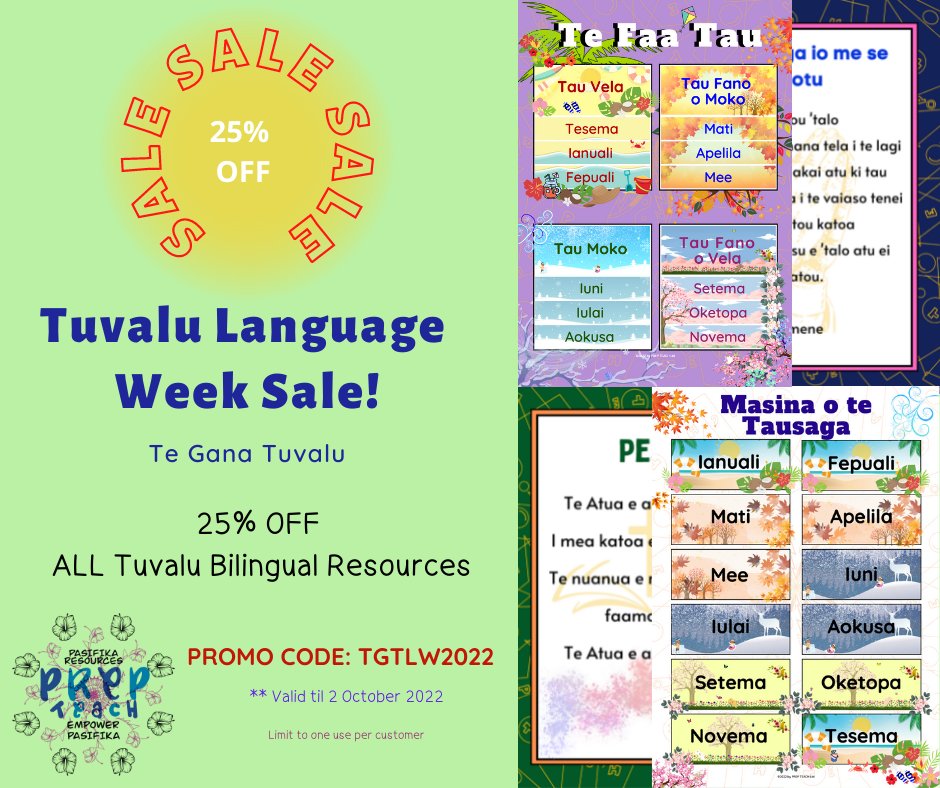 prep_teach's tweet image. Fakamautu ke mautakitaki te Gagana Tuvalu mo te atafai, fakaaloalo mo te amanaiagina.

Tuvalu Language Week Sale!

Use the code below to get your shopping cart discounted.
Promo code: TGTLW2022