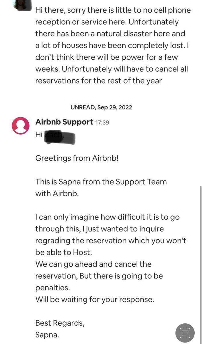 Hi <a href="/Airbnb/">Airbnb</a> <a href="/AirbnbHelp/">Airbnb Help</a> floored by ur response. See attached. My partner and I are in Atlantic Canada and we are in recovery from #hurricanfiona. It’s been 7 days and our community is still without power &amp; water. And so we cannot host our upcoming reservations. Sound fair enough?