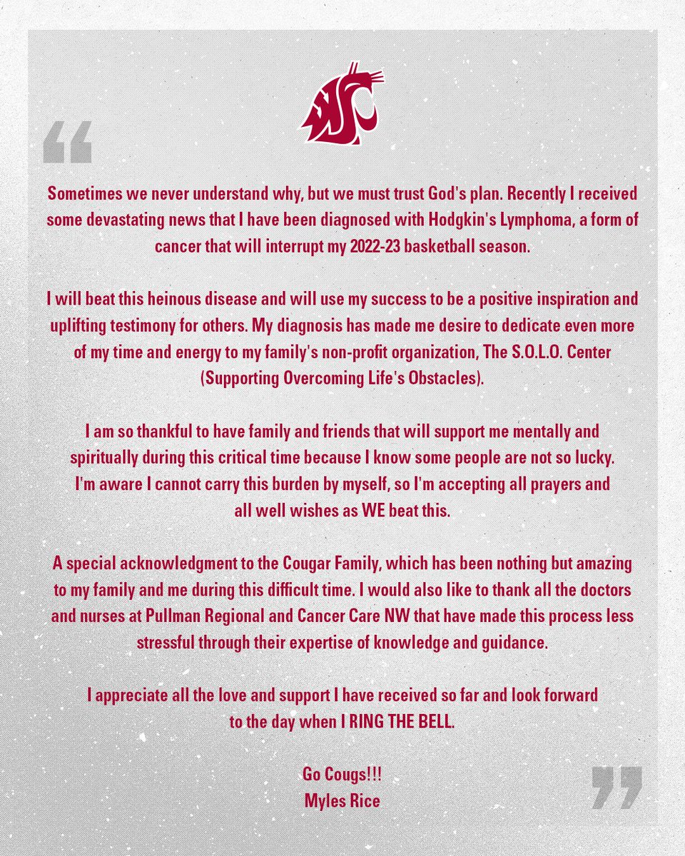 WSUCougarsMBB's tweet image. A message from Myles Rice to the Cougar family. 

#GoCougs | #WAZZU