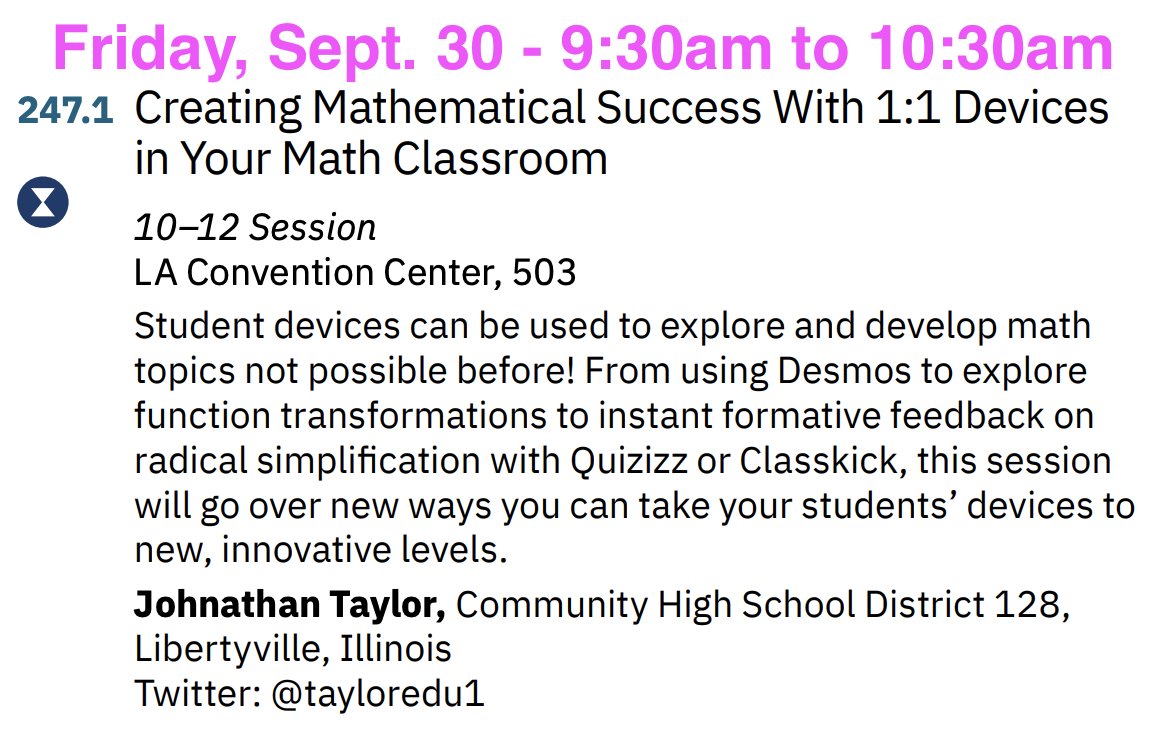 Hope to see you tomorrow morning at 9:30am, LA Convention Center Room 503 to hear how we utilize devices in our math classrooms. <a href="/Desmos/">Desmos</a> <a href="/Classkick/">Classkick</a> <a href="/GoogleForEdu/">Google for Education</a> <a href="/edpuzzle/">Edpuzzle</a> #NCTM #NCTMLA22 #NCTMannual <a href="/NCTM/">NCTM</a>