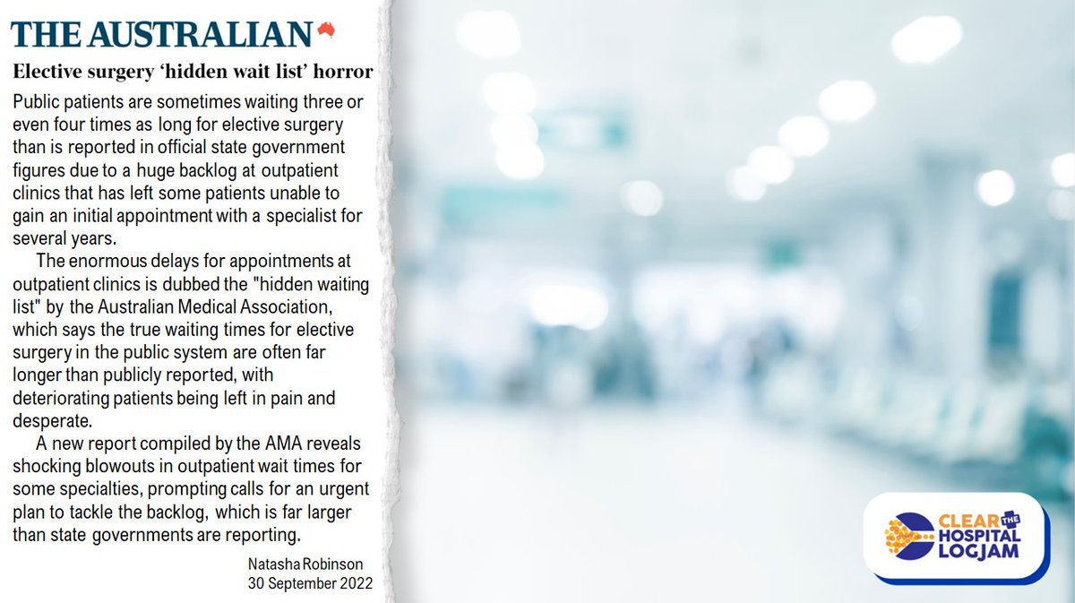 ama_media's tweet image. Dubbed the hidden waiting list, the enormous delays for appointments at outpatient clinics across Australia is a national scandal, which is leaving patients in agony and contributing to hospital logjam. #auspol #logjam 1/2