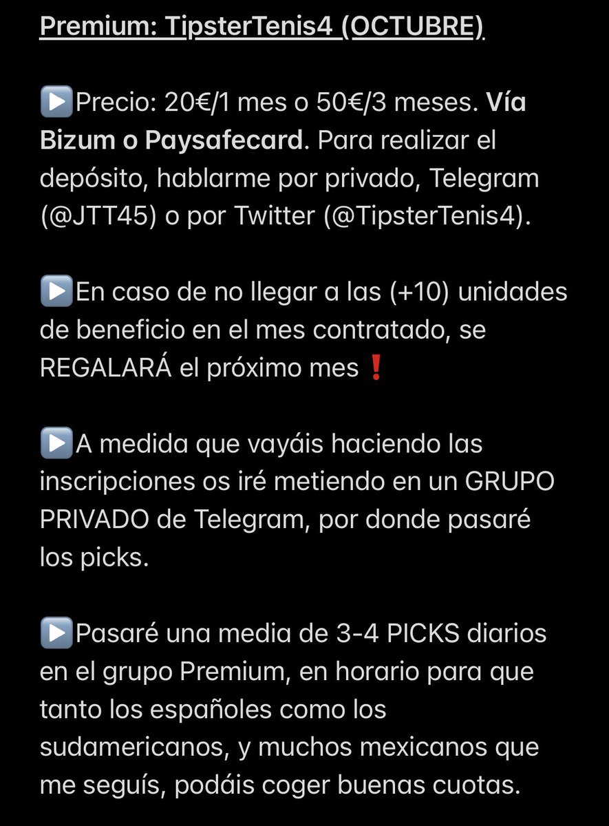 TipsterTenis4's tweet photo. ❗️Info PREMIUM (OCTUBRE 2022)❗️

🔁 Sortearé 5 PLAZAS PREMIUM entre todos los RT a este TWEET.🔁

❗️Si contratas el Premium y en ese mes no llegamos a +10 uds, te REGALO el siguiente mes❗️

✅ Beneficio SI o SI ✅

✅ Junio +91 uds ✅

✅ Julio +36 uds ✅

✅ Agosto +31 uds ✅ https://t.co/0wFaGwfZzz