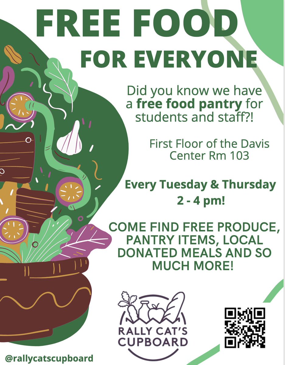 Did you know we have a free food pantry for students and staff? The Rally Cat Cupboard is located on the 1st floor of the Davis Center Rm 103. It's open every Tuesday &amp; Thursday from 2-4pm. They have free produce, pantry staples, hygiene essentials, locally donated meals, &amp; more!