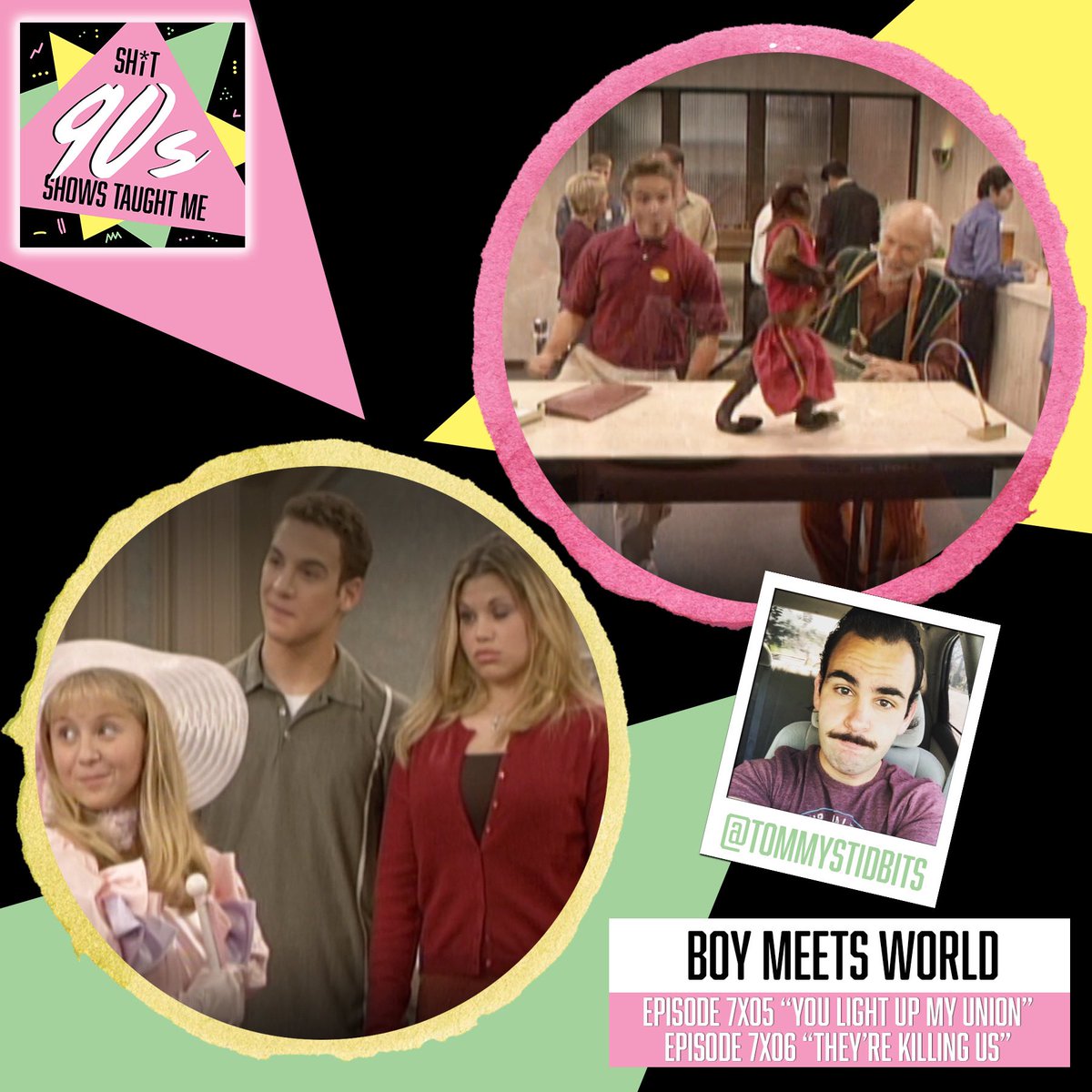 Shit90sPod's tweet photo. Join us as we chat about S7E05/06 of #BoyMeetsWorld, “You Light Up My Union” &amp; “They're Killing Us”, with special guest Tommy, (@Tommystidbits)!

 We chat about ALL the food at the girls' apartment, Eric's shenanigans and the best Morgan moment of all time. https://t.co/wtZWsQeIuS