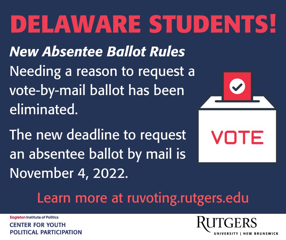 RutgersCYPP's tweet photo. Hey @RutgersU students from Delaware!

New voter registration and absentee ballot guidelines have gone into effect for the midterm elections!

These rules make voting EASIER for young adults so be sure to take advantage of these changes!

Learn more at https://t.co/FZh6Z9knbb https://t.co/fnMV3HvWyV