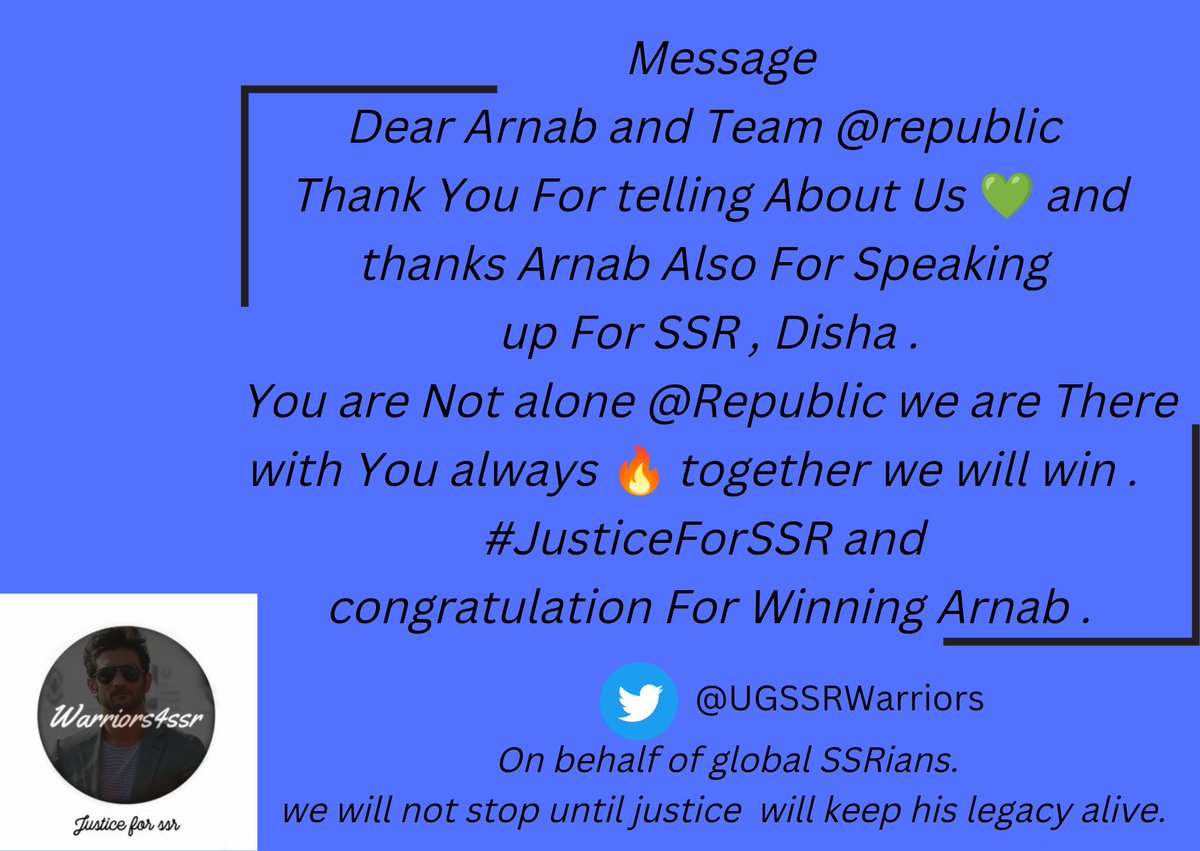 UGSSRWarriors's tweet photo. Message For
Dear Arnab and Team
@republic
Thank You For telling About Us ๐ and thanks Arnab Also For Speaking Up For SSR , Disha .
You are Not alone
@Republic
we are There with You always ๐ฅ together we will win .
#FinalTRPScam
#JusticeForSushantSinghRajput
#ArnabGoswami https://t.co/6nfZJQb8Yi