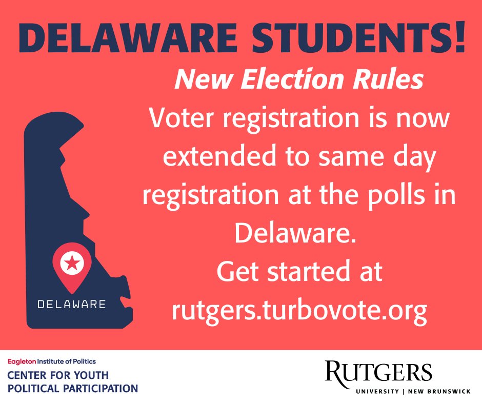 RutgersCYPP's tweet photo. Hey @RutgersU students from Delaware!

New voter registration and absentee ballot guidelines have gone into effect for the midterm elections!

These rules make voting EASIER for young adults so be sure to take advantage of these changes!

Learn more at https://t.co/FZh6Z9knbb https://t.co/fnMV3HvWyV