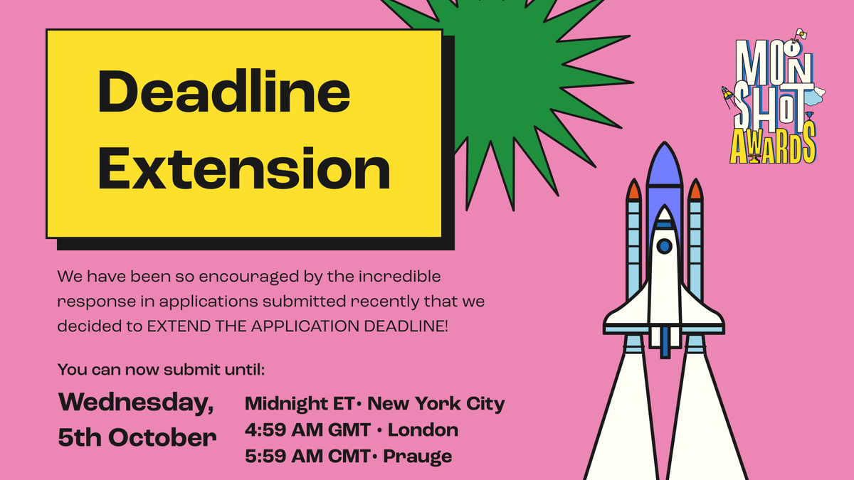 MoonshotPlatf's tweet photo. EXCITING NEWS!
If you haven't applied with your impactful idea, don't miss out on this unique chance at $100k+ in awards that Moonshot is giving away! Link in bio to apply!
Hurry! Oct 5 Midnight ET is - actually(!) - your very last chance!
ππ#MOONSHOTxAF #SDGs #ImpactHacker https://t.co/DDAi13Hyia
