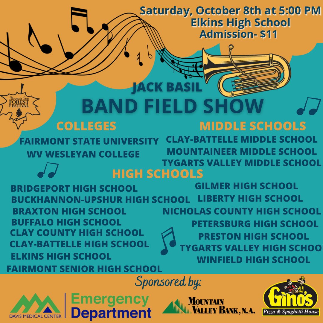 ForestFestWV's tweet photo. Come out and enjoy an evening full of music and entertainment by marching bands!🍁🎶🥁🎺
The Jack Basil Band Field Show will take place on Saturday, October 8th at 5:00 PM located on the new turf field at Elkins High School! Admission is $11.00.
#forestfestivalwv #msff2022 https://t.co/in7wAnpeIa