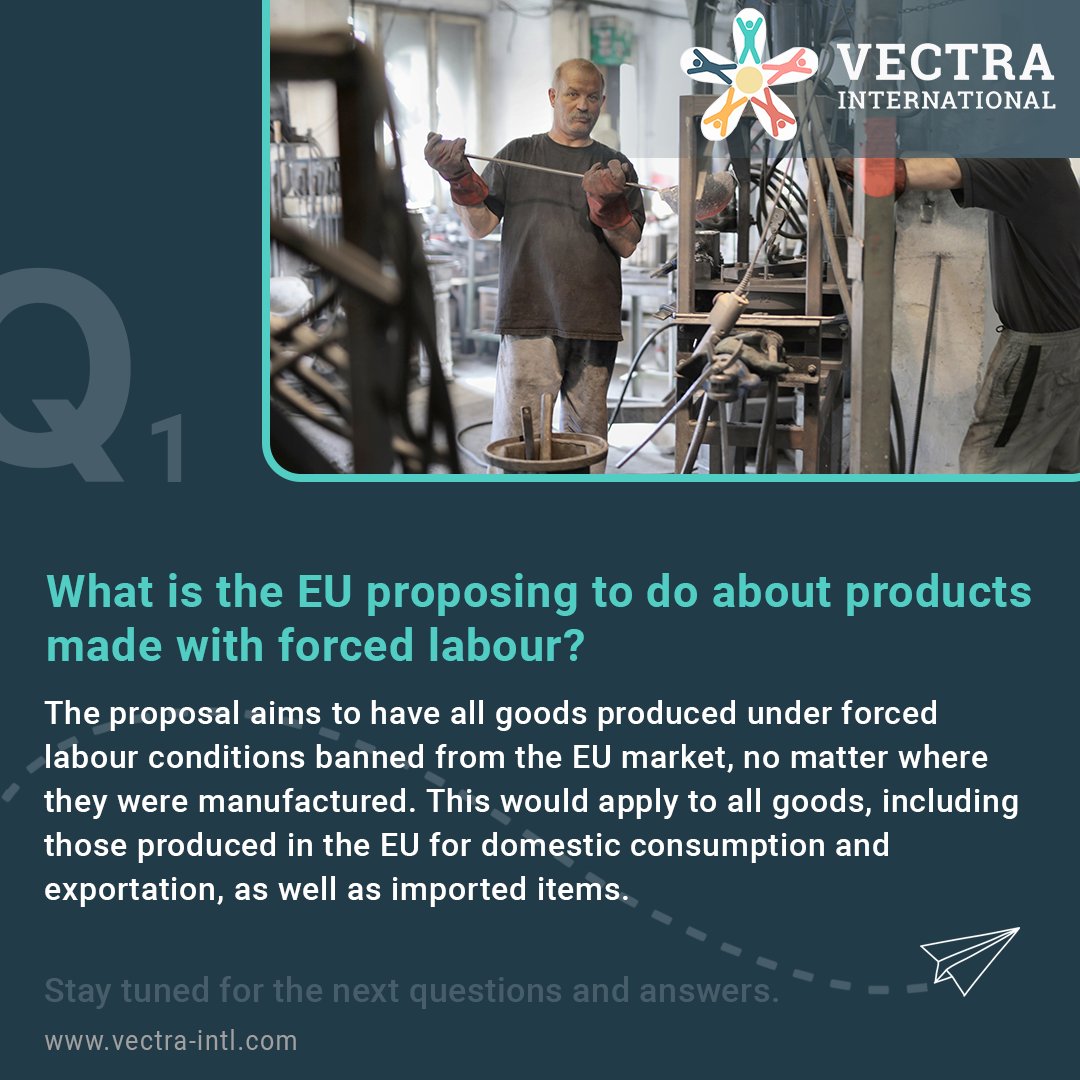 VECTRAintl's tweet photo. Q1, What is the EU proposing to do about #products made with forced labour?
The European Union has proposed to #ban the import of products made by the roughly 25 million #people forced into #labour worldwide.
#EU #EuropeanUnion #EUBan #ForcedLabour #EUCommission #VECTRAIntl https://t.co/aXjK0bwJW8