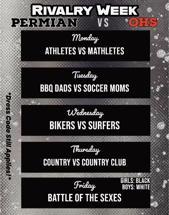 Looks like football isn’t the only rival we have going on next week👀 Bronchos you better show up &amp; show out next week because it looks like we have some competition!!! 😤<a href="/BronchoNews/">OHS Broncho News</a> <a href="/BigRedBronchos/">Odessa High School</a> <a href="/yourOHSyearbook/">Odessa High School Yearbook</a>