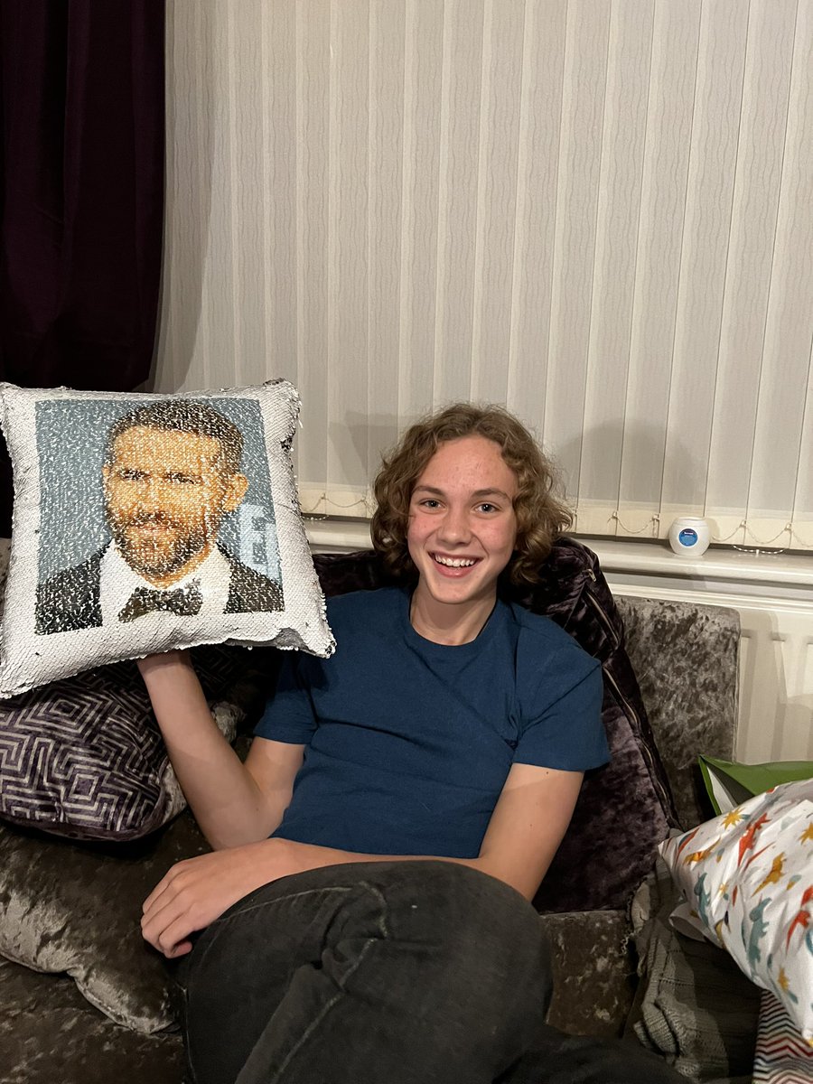 When your 15 year old heterosexual son gets a <a href="/VancityReynolds/">Ryan Reynolds</a> cushion for his birthday and we’re all fighting over it! #sexiestmanalive