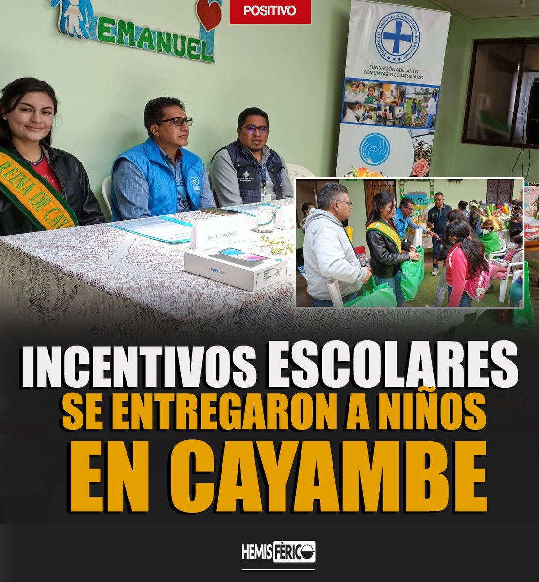HemisfericoN's tweet photo. ✅ SOLIDARIDAD ANTE TODO.-
#HOY, con la presencia del Director Distrital del #MIES, la soberana de #Cayambe Camila I y representantes de #FACE y de la Casa de Acogida #Emanuel, se desarrolló la entrega de incentivos escolares a niñas y niños de familias de escasos recursos. https://t.co/NgZP3G7u7z