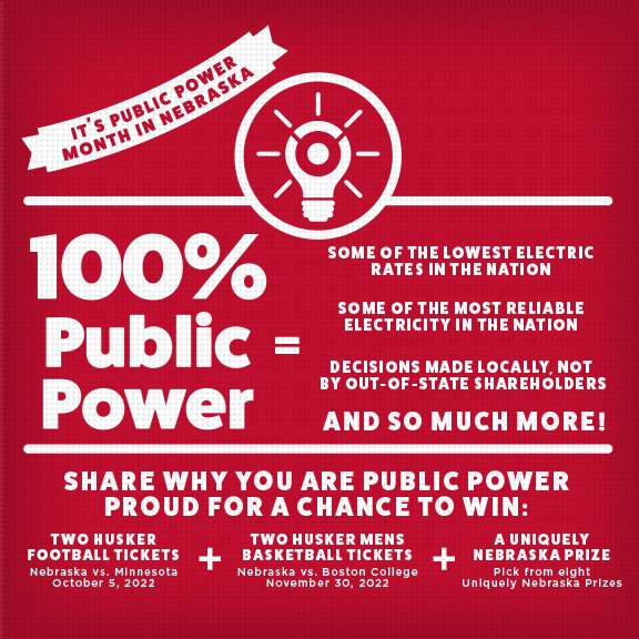 NPPDnews's tweet image. ✨CELEBRATE PUBLIC POWER MONTH WITH US for a chance to WIN A UNIQUELY NEBRASKA PRIZE PACKAGE! ✨ Visit publicpowered.com to learn how public power helps power the good life here in Nebraska AND GET ENTERED TO WIN! #NebraskaProud #PublicPower #CommunityPowered