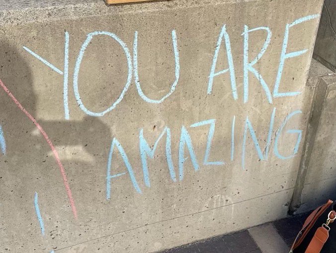 acpublicarts's tweet photo. Thanks to Dr. Frank Rudensky for having us as a guest today in your leadership class to talk about our programs and upcoming #chalkaboutac2022! Students went out and chalked the walkways around Stockton with positive messages after 🌈
 #acaf #doac #njarts #weareac #whynotac https://t.co/M0iEwb5nOn