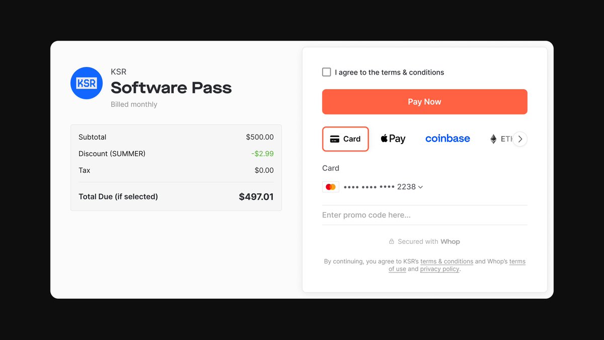 Whop Payments Our one-click checkout handles every payment method  imaginable—credit/debit, crypto renewals, Apple Pay, Google Pay, Bitcoin,  ETH, USDC, and even Whop Credits.