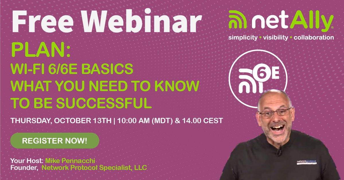 NetAlly's tweet photo. Need some Wi-Fi 6 Basics? We got you! This webinar will give you a short overview of Wi-Fi 6/6E, teach you how to create a channel and SSID plan and ensure you have the capacity to support your network. https://t.co/x9C46QrEuD
#WiFi6 #NettyKnow #NetAlly https://t.co/4wKwyAFC9T
