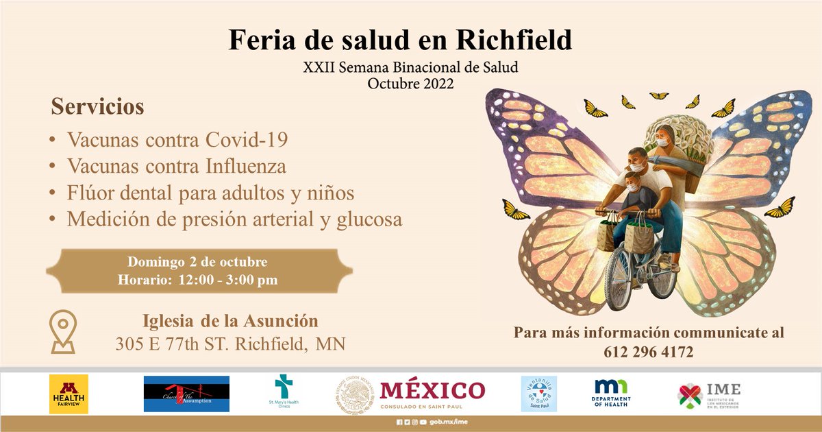 ConsulMexStPaul's tweet photo. No te pierdas las actividades que la Ventanilla de Salud del Consulado ha preparado en el marco de la XXII Semana Binacional de Salud. ¡No Faltes!
#XXIISBS #SaludSinFronteras #EsperanzaBinacional #BinationalHope #HealthWithoutBorders #SemanaBinacionaldeSalud2022 @IME_SRE https://t.co/2yxBG3vNkE