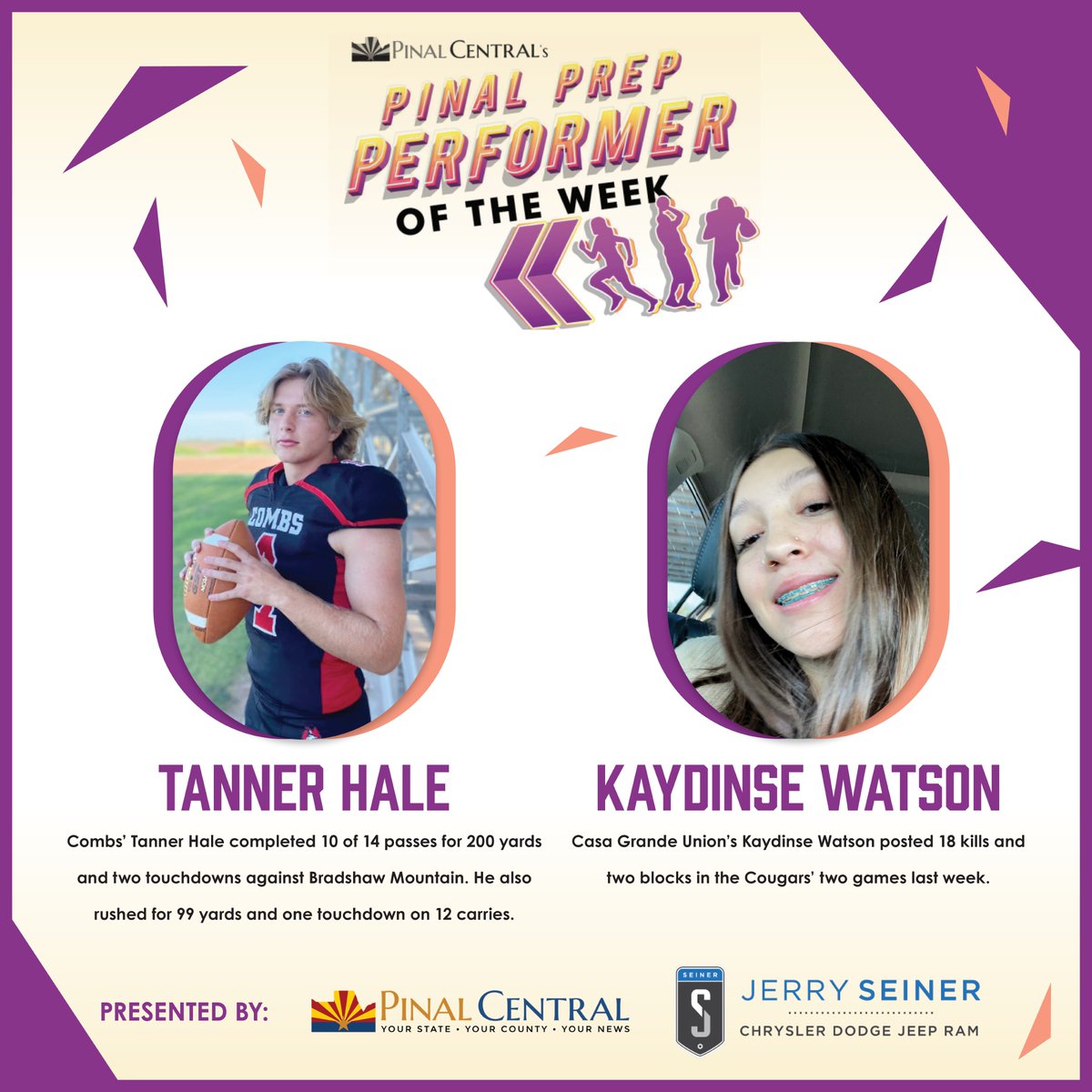 PinalSports's tweet photo. Congrats to Combs' Tanner Hale and Casa Grande Union's Kaydinse Watson on being Pinal Prep Performers of the Week! https://t.co/o3hhcCFAm8