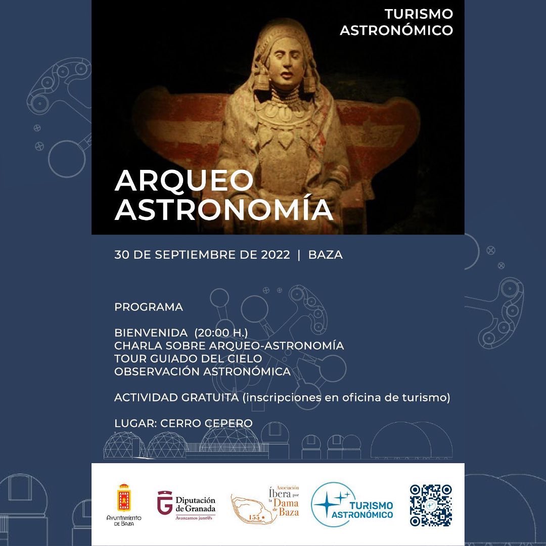 Si quieres conecer sobre la astronomía en tiempos pasados no te puedes perder la actividad de ARQUEOASTRONOMÍA que ha organizado el <a href="/AytoBaza/">Ayuntamiento de Baza</a> el próximo 30 de septiembre en la ciudad Íbero Romana de #Basti. 
📝Inscripción en la Oficina de Turismo de #Baza.
🎟Entrada gratuita
