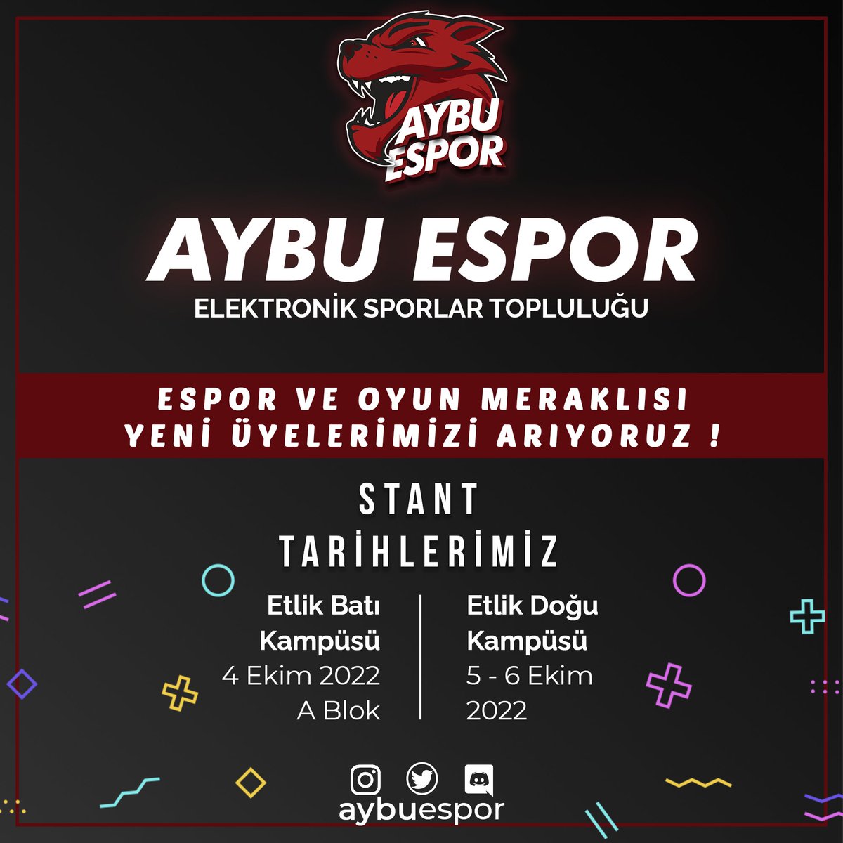 AYBU Espor olarak yeni üyelerimizi arıyoruz!

4 Ekim'de Batı Kampüsünde ve 5-6 Ekim'de Doğu Kampüsünde sizlerle birlikte olacağız. Hepinizi standımıza bekliyoruz. #aybuespor 

Esenboğa Kampüsü ve Tıp Fakültesi için beklemede kalın.