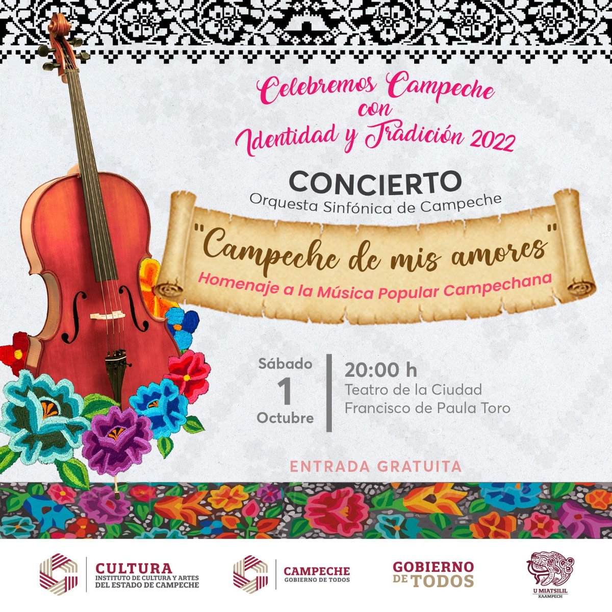 CulturaCampeche's tweet photo. ¡#Campeche de mis amores! ✨️
Este sábado 1 de octubre, tenemos para ti un homenaje a la música popular campechana con la Orquesta Sinfónica de Campeche #OSCAM.
Te esperamos a las 20:00 horas en el Teatro de la Ciudad "Francisco de Paula Toro". https://t.co/cAM3AircRG