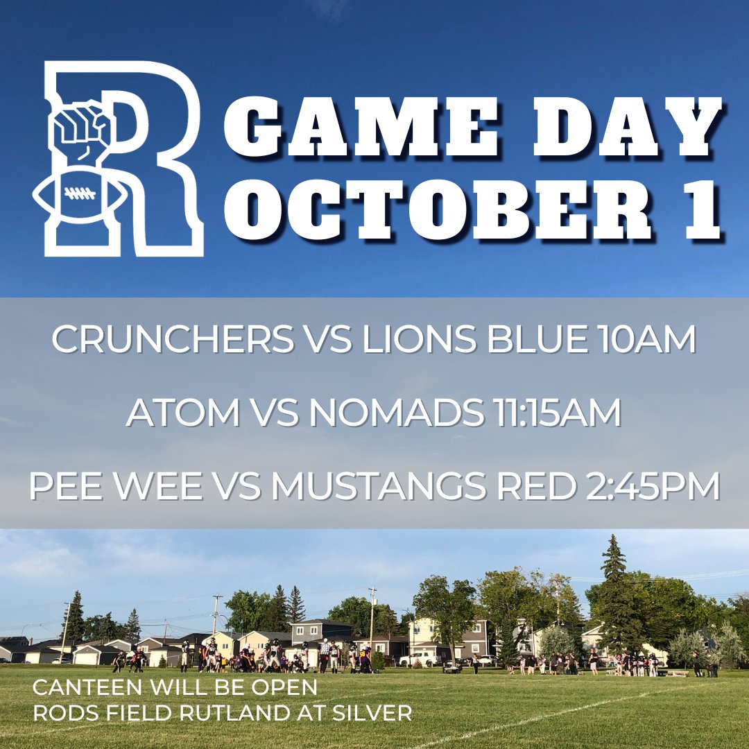 GoRods's tweet photo. Football Action at Rod's Field October 1st:
Cruncher vs Fort Garry Lions Blue at 10 AM.
Atom vs North Winnipeg Nomads at 11:15 AM.
Pee Wee vs St. Vital Mustangs Red at 2:45 PM.
On the road: Majors at East Side Eagles at 7 PM. #gorods https://t.co/64AWmPfP1U