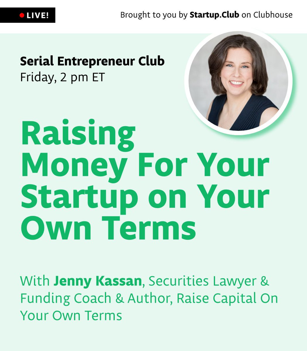 Getting funding for your startup can be confusing!🤔

We’re speaking with expert <a href="/jennykassan/">Jenny Kassan</a> to hear how to simplify the process to fund your business!

Join us tomorrow on Clubhouse to explore the different options for business funding! More info 👇

startup.club/calendar/ep77-…