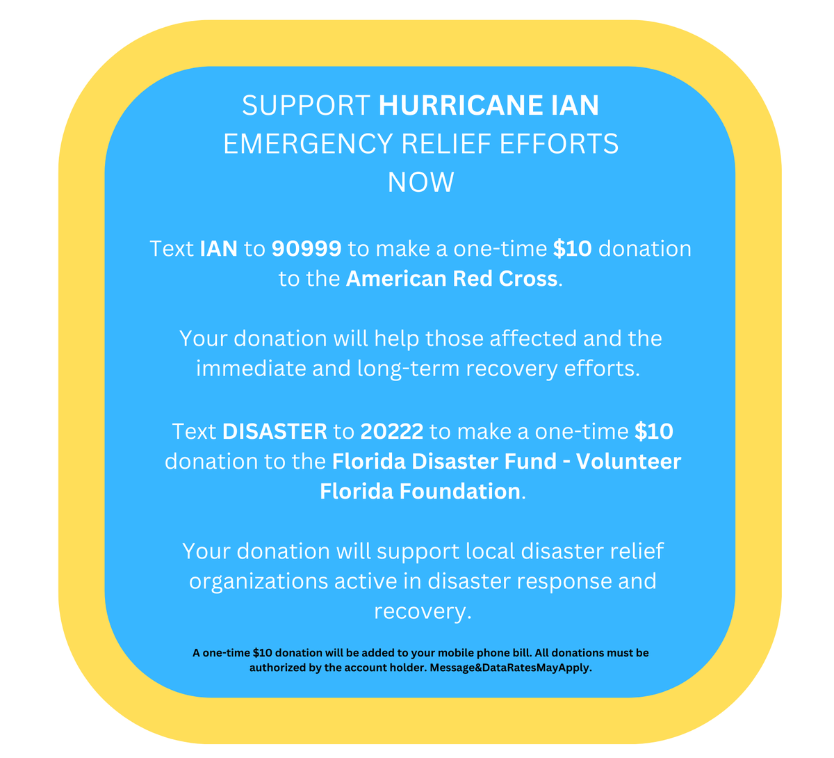 MobileGivingOrg's tweet photo. #HurricaneIan is one of the most powerful and devastating hurricanes to hit the U.S. in decades. Our thoughts are with all who've been impacted. 

Please consider texting a donation to show your support for those affected and assist in the long-term recovery efforts. Thank you.🙏 https://t.co/OR0XTa7UqJ