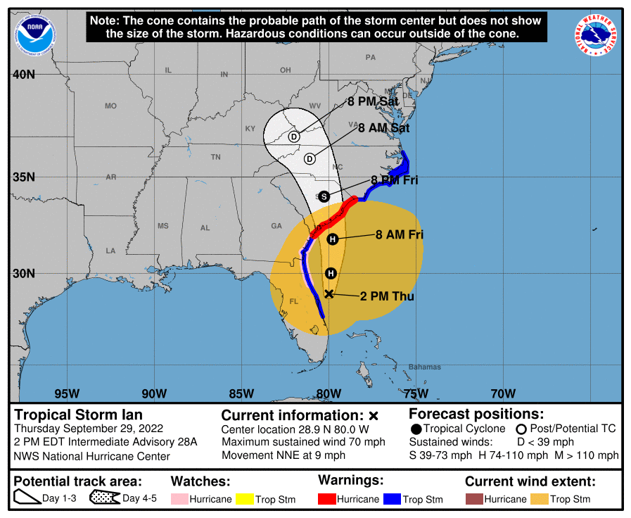 NWSPittsburgh's tweet photo. Current tropical storm force winds from Ian extend nearly 600 miles in diameter. For comparison, that's the same distance from Pittsburgh, Pennsylvania to Savannah, Georgia. https://t.co/eWTguE6Wnl