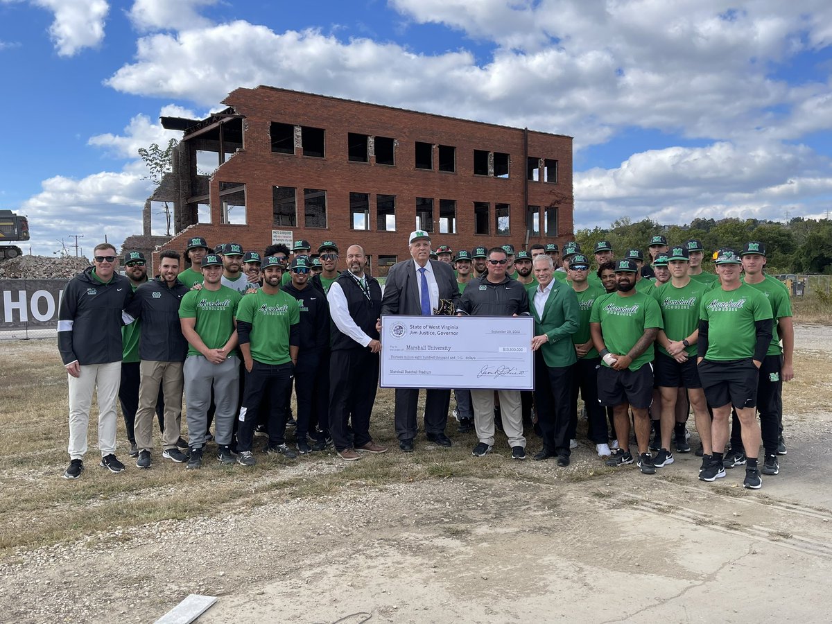 LukeCreasy's tweet photo. BREAKING: West Virginia Gov. Jim Justice has presented a $13.8 million check from the Dept. of Economic Development to Marshall University, funding the remaining balance needed to build a baseball stadium. https://t.co/2ReDlQVNv6